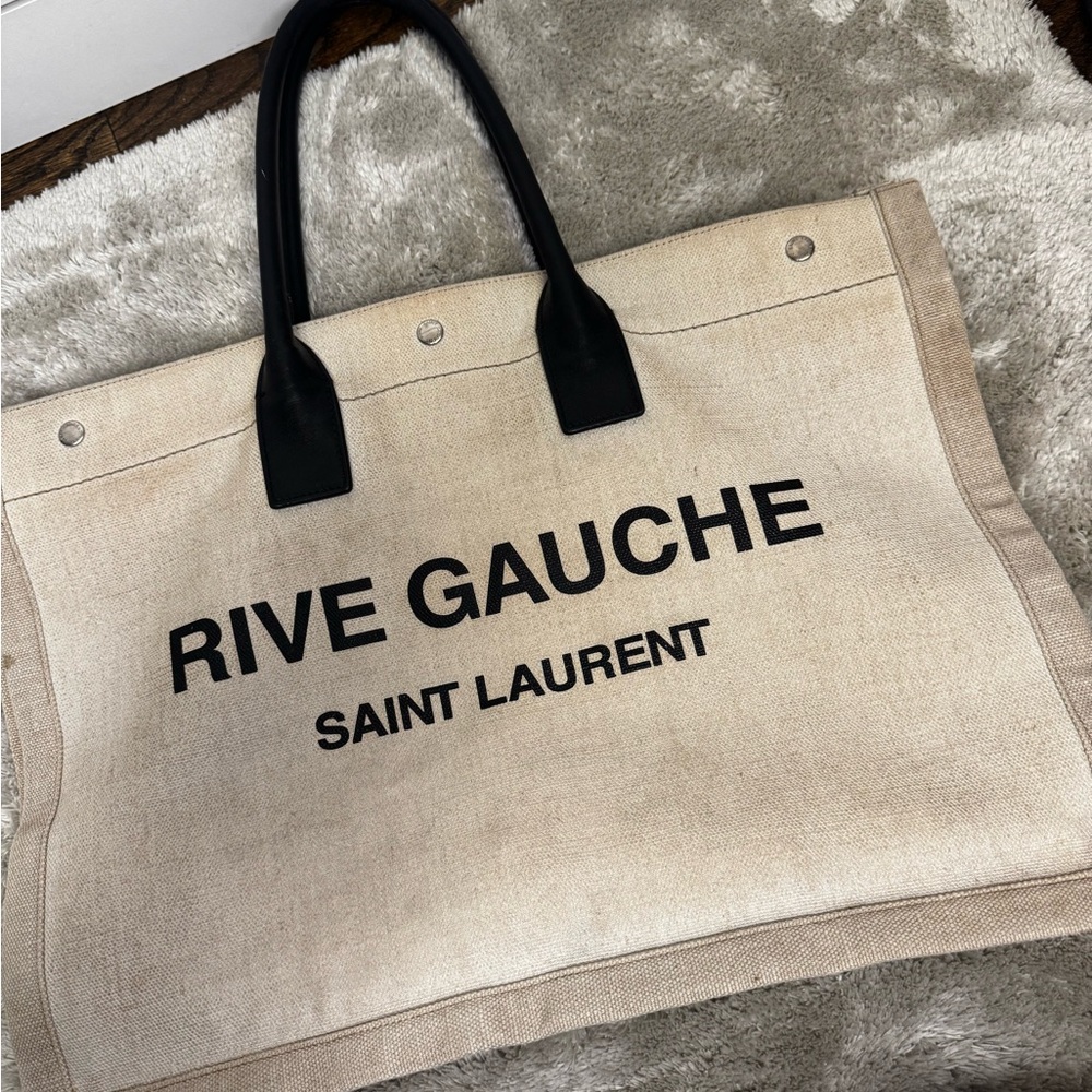 Saint Laurent Rive Gauche Beige Canvas Tote with Black Handles /canvas leather